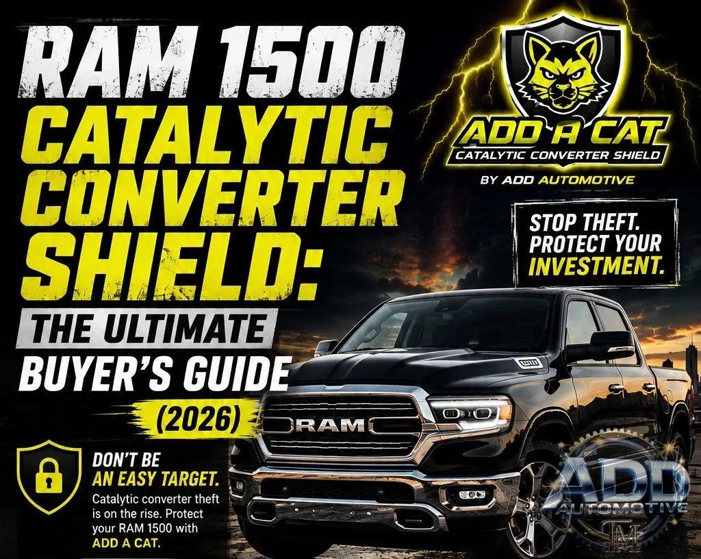 Ram 1500 truck with ADD A CAT catalytic converter shield installed for theft protection