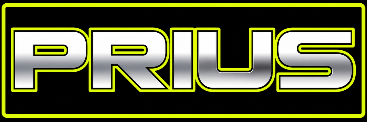 Toyota Prius Catalytic Converter shield branding graphic with metallic silver “PRIUS” lettering, black fill, and neon yellow outline.