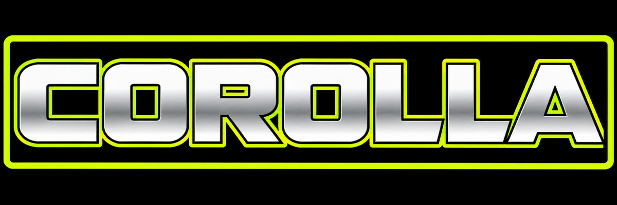 Toyota Corolla Catalytic Converter Shields graphic with bold silver “Corolla” lettering, black fill, and neon yellow outline