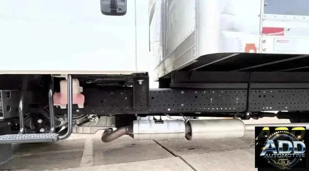 2015-2026 Isuzu 3500 & 4500 catalytic converter shield in marine-grade aluminum with louvers and security bolts installed on truck underbody