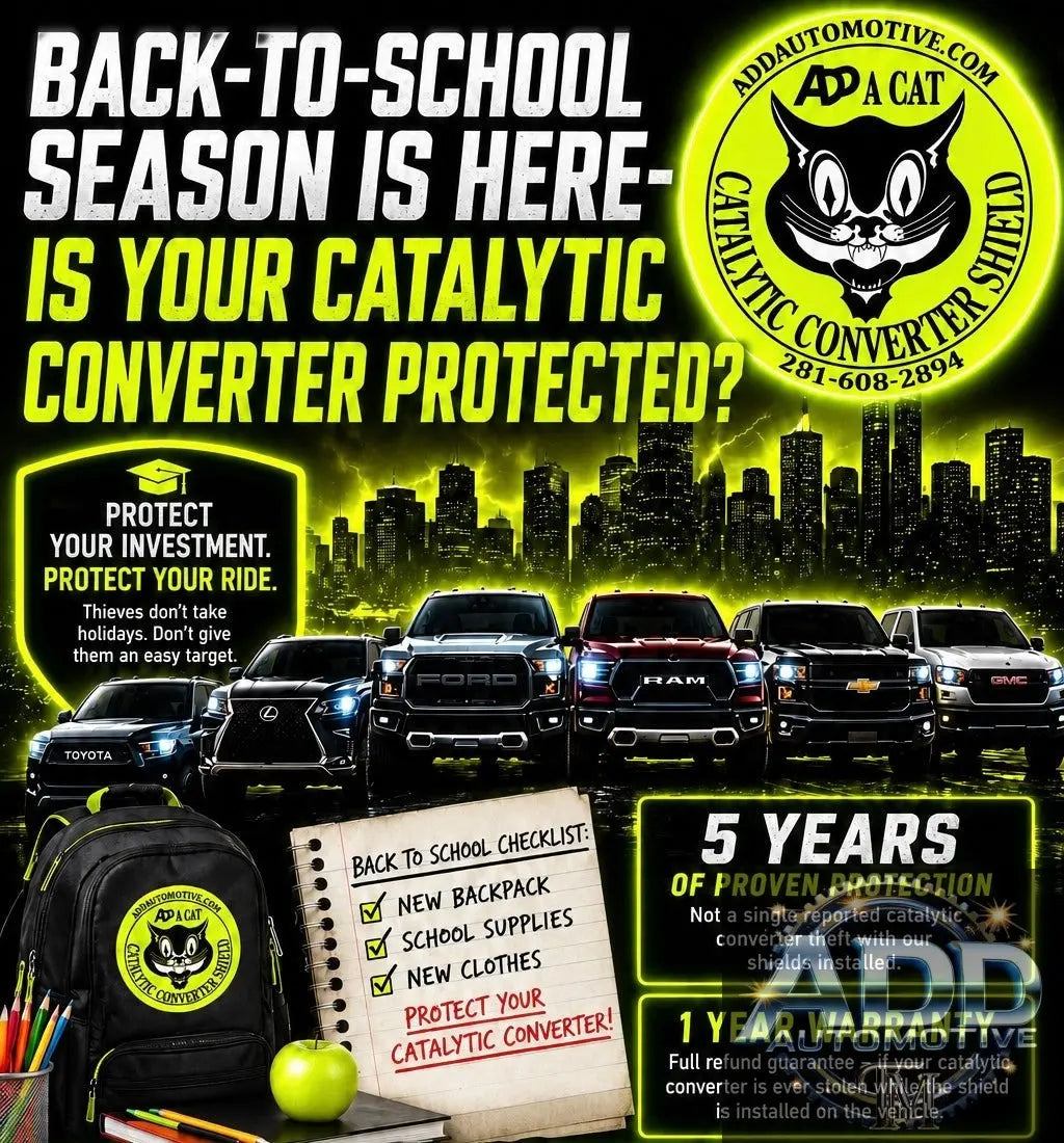 catalytic converter protection shield installed under vehicle for back-to-school season safety