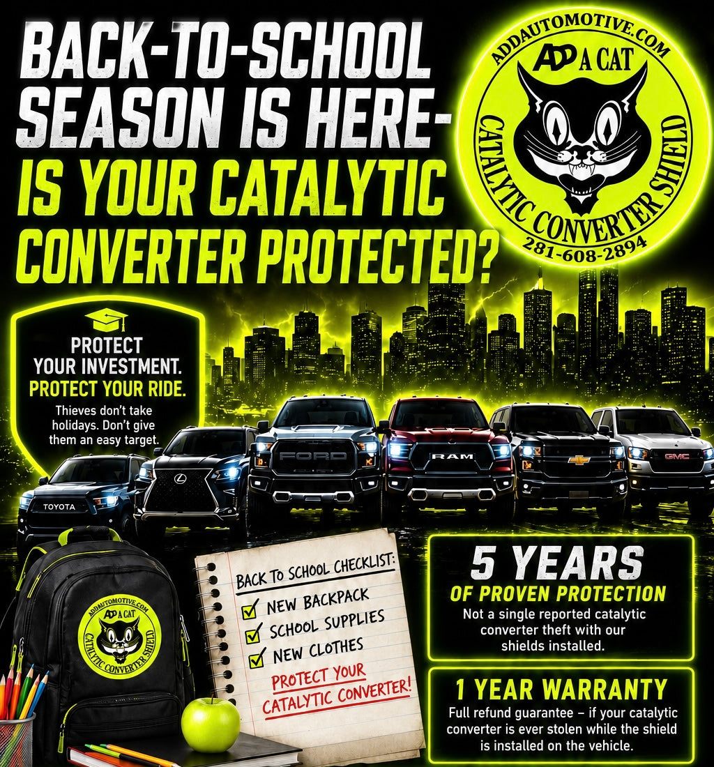 Car with highlighted catalytic converter emphasizing catalytic converter protection for back-to-school season