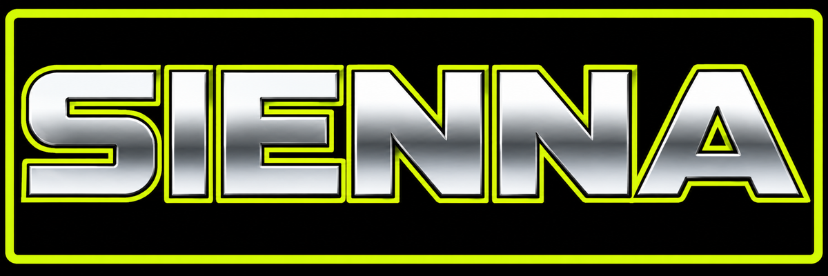 Toyota Sienna Catalytic Converter shield featuring a bold silver Sienna wordmark with black and neon yellow accents.