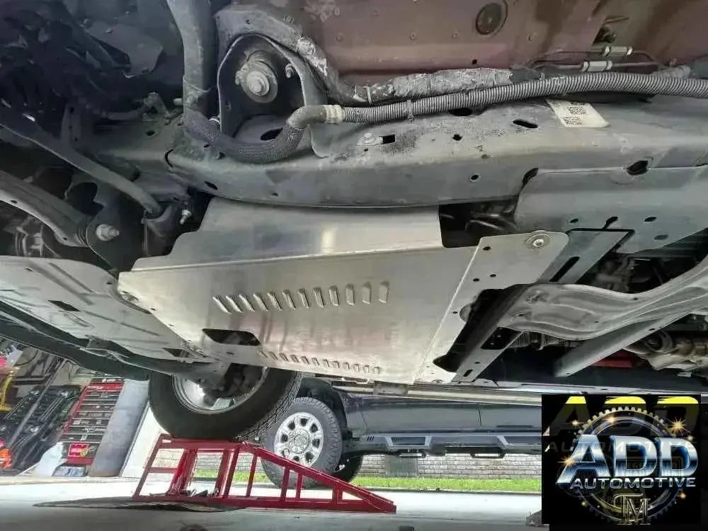 2005-2026 Ford F-150 catalytic converter shield made of marine-grade aluminum with ventilation louvers and security bolts for theft protection