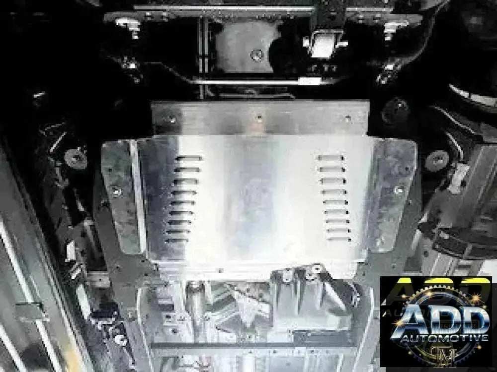 2019-2026 GMC Sierra catalytic converter shield and skid plate in raw silver aluminum with security features