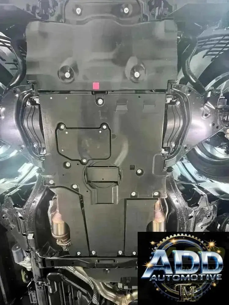 2023-2026 Lexus LX 600 catalytic converter shield made of marine-grade aluminum with security bolts and ventilation louvers installed under vehicle