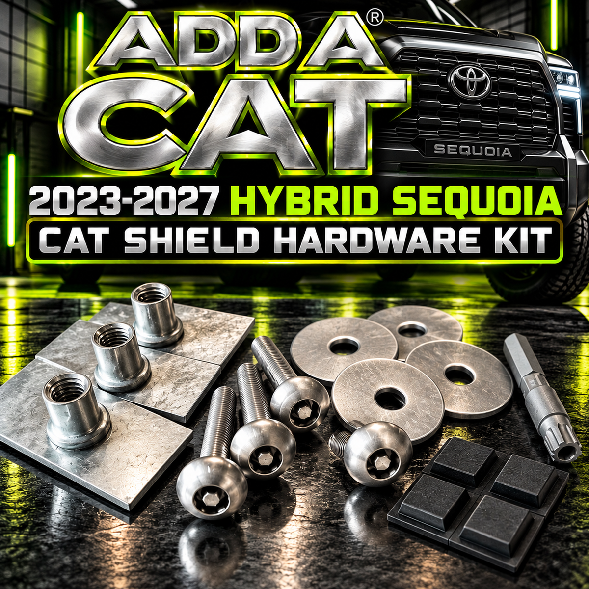 2023–2027 Toyota Sequoia Cat Shield Hardware Kit with silver metal bolts, threaded sleeves, washers and black mounting pads.