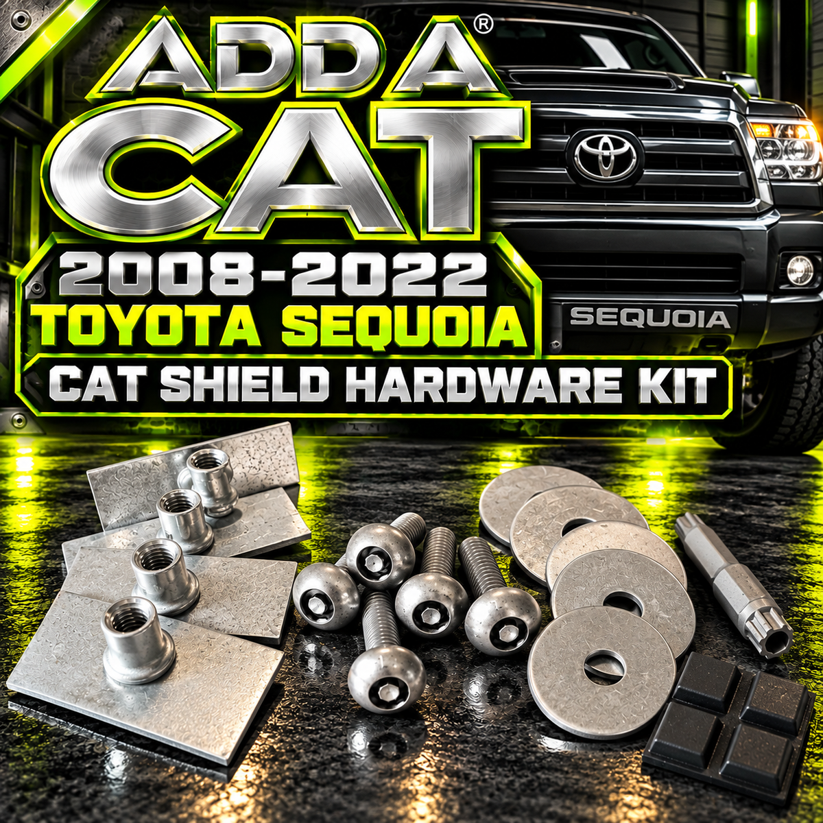 Cat shield hardware kit for 2008-2022 Sequoia Cat Shield, featuring silver metal plates, bolts, washers, and black fittings.